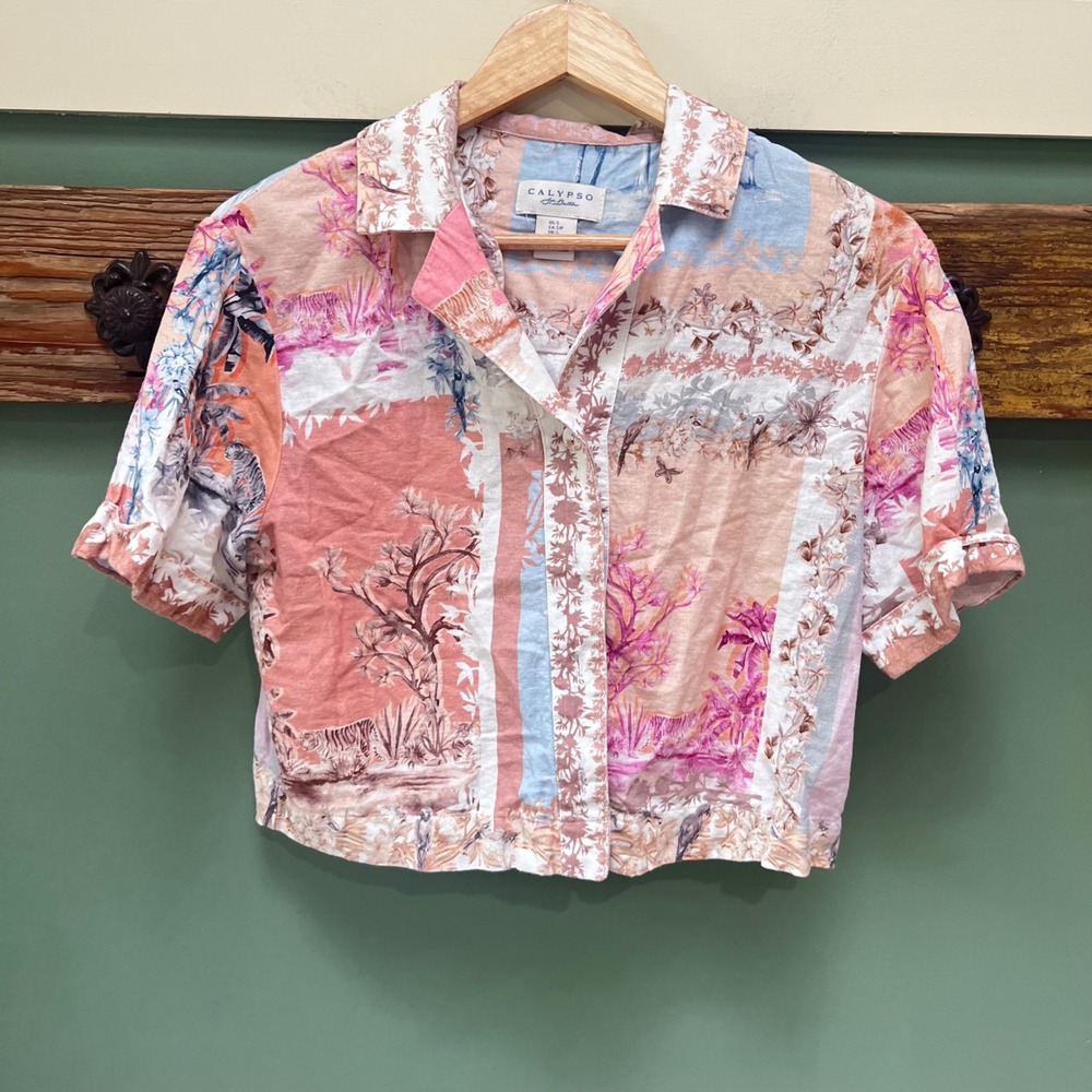 Calypso St Barth Womens Small Linen Blend Tropical Tiger Print Button Down Shirt